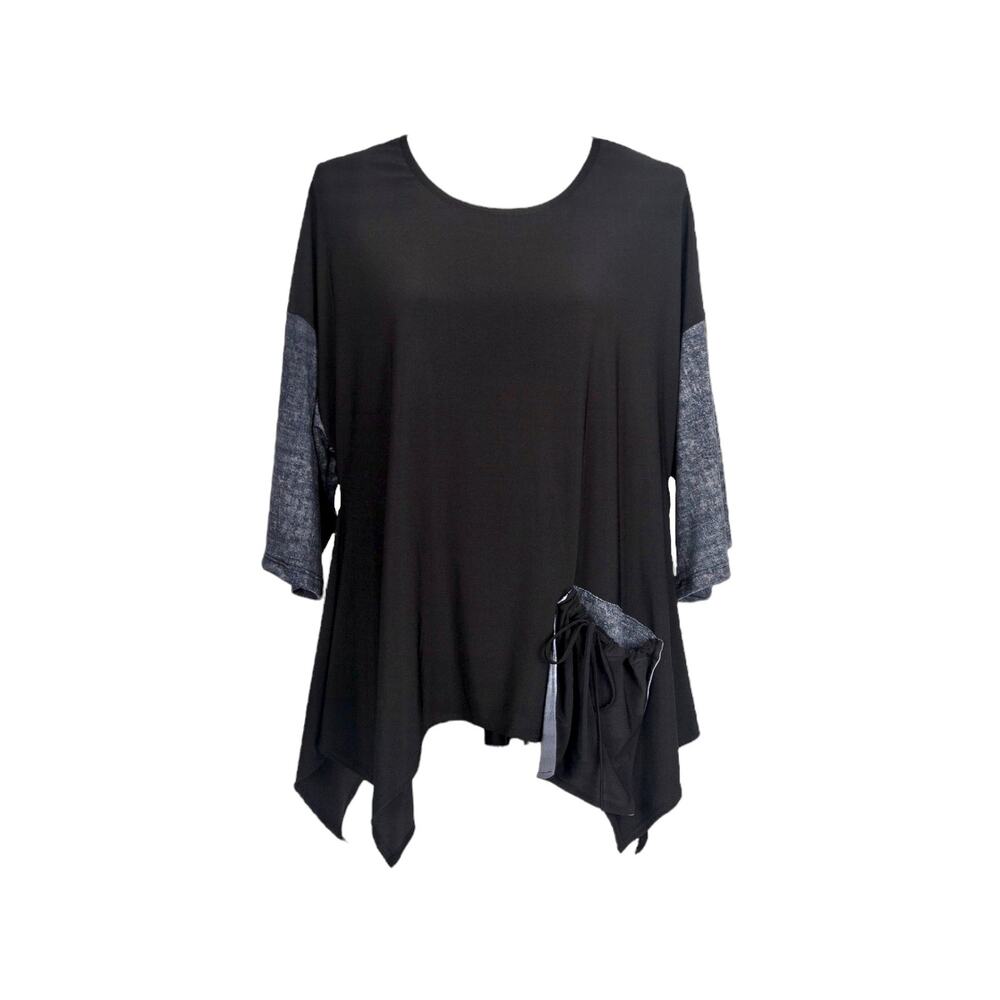 Women's Black Asymmetrical Tunic Top Size XL with Denim Print Style Sleeves NWT